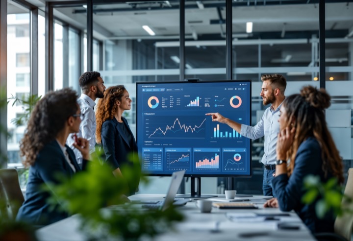 Business team reviewing Power BI analytics dashboards and KPIs built on a Microsoft Fabric and Databricks Lakehouse platform